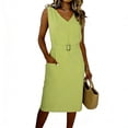 thumbnail image 1 of Ecqkame Summer Linen Dresses for Women V Neck Cap Sleeve Ruffle Hem Solid Color Dress Casual Loose Flowy Beach Sundress Green M, 1 of 8