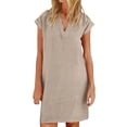 thumbnail image 1 of Ecqkame Summer Linen Dresses for Women V Neck Cap Sleeve Ruffle Hem Solid Color Dress Casual Loose Flowy Beach Sundress Khaki L, 1 of 6