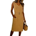 thumbnail image 1 of Ecqkame Summer Linen Dresses for Women V Neck Cap Sleeve Ruffle Hem Solid Color Dress Casual Loose Flowy Beach Sundress Yellow L, 1 of 8