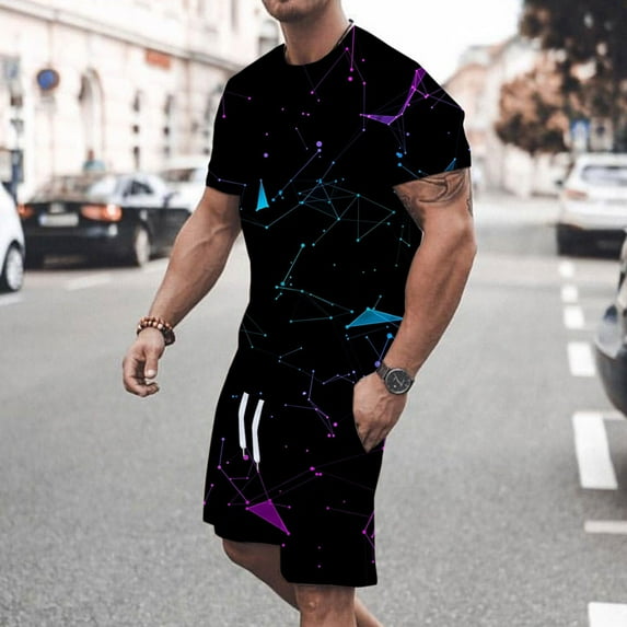 Ecqkame Summer Men Sets Shorts OutfitsMen Casual Round Neck T-Shirt 3D Print Short Sleeve Blouse And Pants Set Black XXXL