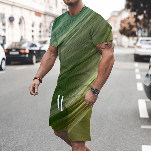 Ecqkame Summer Men Sets Shorts OutfitsMen Casual Round Neck T-Shirt 3D Print Short Sleeve Blouse And Pants Set Green XXXXXL
