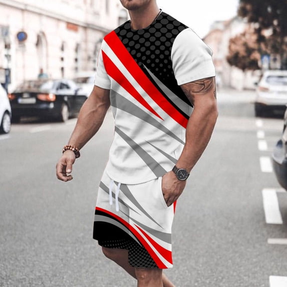 Ecqkame Summer Men Sets Shorts OutfitsMen Casual Round Neck T-Shirt 3D Print Short Sleeve Blouse And Pants Set White XXXXL