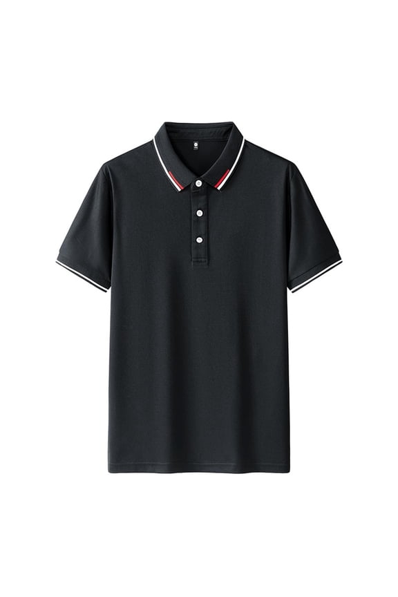 Summer Men's Casual Tops Comfy Turndown Collar Short Sleeve Shirts Patchwork Collar Button Regular Work Shirt 01-Black L