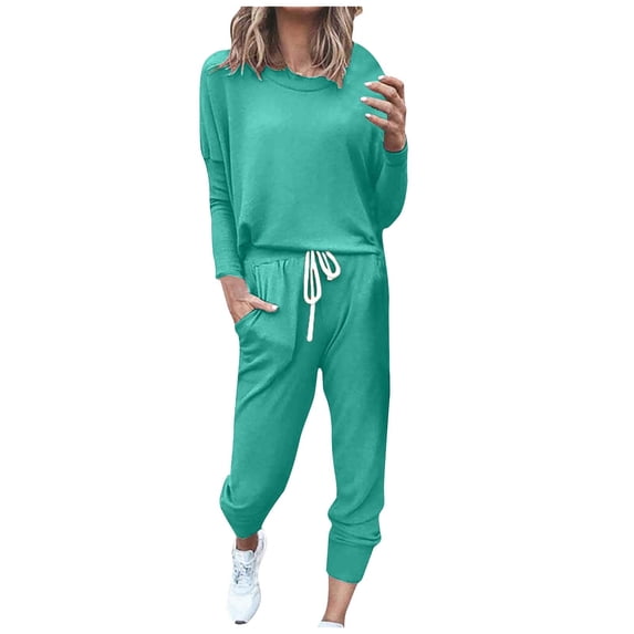 Ecqkame Summer Outfits for Women Solid Color Long Sleeve Loose Casual Drawstring Running Workout Sets Womens Outfits Green L on Clearance