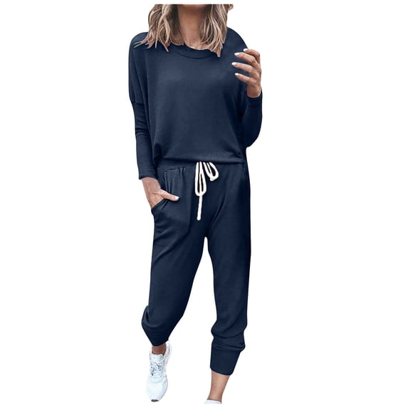 Ecqkame Summer Outfits for Women Solid Color Long Sleeve Loose Casual Drawstring Running Workout Sets Womens Outfits Navy XL on Clearance