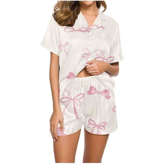Ecqkame Summer Pajamas for Women Loungwear Turndown Collar Short Sleeve Shirt Shrots Pants Sets A-Pink XXL