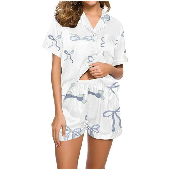 Ecqkame Summer Pajamas for Women Loungwear Turndown Collar Short Sleeve Shirt Shrots Pants Sets A-White L