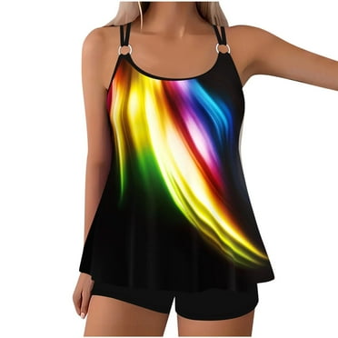 Ecqkame Summer Plus Size Tank Swimsuit for Women Loose Casual Floral Print Tankini Set Two Piece Beach Bathing Suits Black XXXL on Clearance