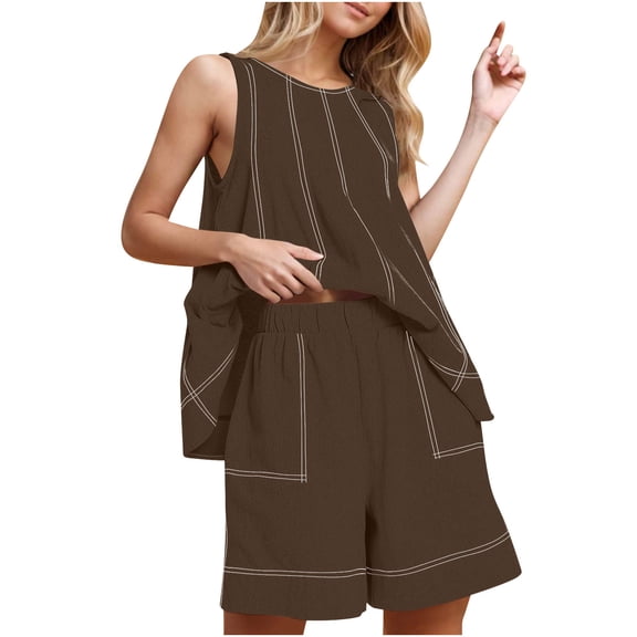 Ecqkame Summer Sets for Women Solid Color Cotton Linen 2 Piece Sleeveless Top and Loose Shorts with Pockets Tracksuit Set Brown M