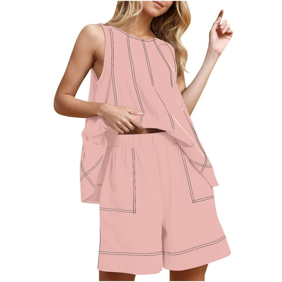Ecqkame Summer Sets for Women Solid Color Cotton Linen 2 Piece Sleeveless Top and Loose Shorts with Pockets Tracksuit Set Pink XXL