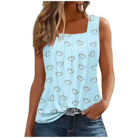 Ecqkame Summer Tops for Women 2024 Loose Casual Pinted Sleeveless Dressy Pleated Suspenders Tops Going Out Tops for Women Light Blue L