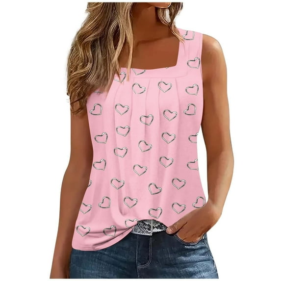 Ecqkame Summer Tops for Women 2024 Loose Casual Pinted Sleeveless Dressy Pleated Suspenders Tops Going Out Tops for Women Pink XXL