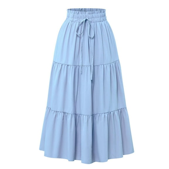 Ecqkame Summer Trendy Skirts for Women Casual Solid Color High Waisted Tiered Skirt Loose Flowy Drawstring Long Skirt with Pockets 01-Light Blue S