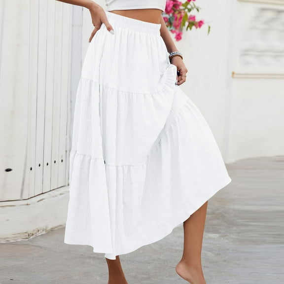Ecqkame Summer Trendy Skirts for Women Casual Solid Color High Waisted Tiered Skirt Loose Flowy Tummy Control Long Skirt with Pockets 04-White M