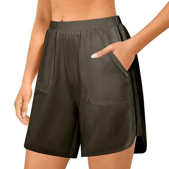 Ecqkame Summer Women's Athletic Shorts Elastic Waist Drawstring Lounge Shorts Comfy Casual Running Shorts with Pockets 04-Army Green 04-04-Army Green