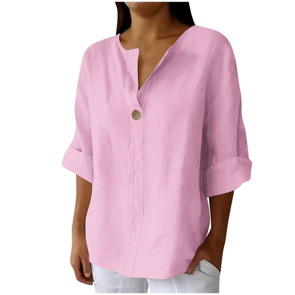 Ecqkame Summer Women's Casual Tops Cotton Linen 3/4 Sleeve Button V Neck Tunic T Shirts Solid Color Basic Loose Shirt 01-Pink S