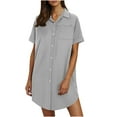 thumbnail image 1 of Ecqkame Summer Women's Dress Casual Solid Color Turndown Collar Short Sleeve Party Dresses Flowy Loose Button Down Beach Dress with Pockets 02-Gray S, 1 of 8