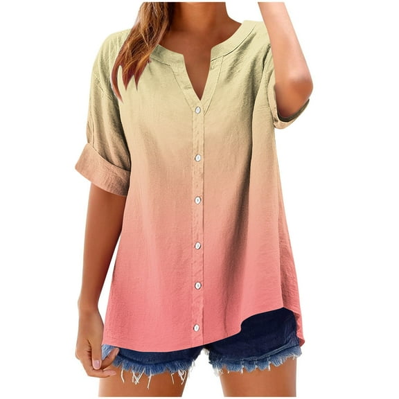 Ecqkame Summer Women's Fashion Tops Casual Loose Gradient Color Shirt Short Sleeved V-Neck Button Down Outdoor Blouses 02-Orange L