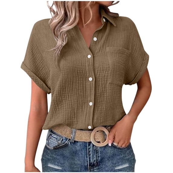 Ecqkame Summer Women's Fashion Tops Casual Loose Short Sleeve Button Down Shirts Turndown Collar Tunics Solid Color Tops with Pockets Brown XXL