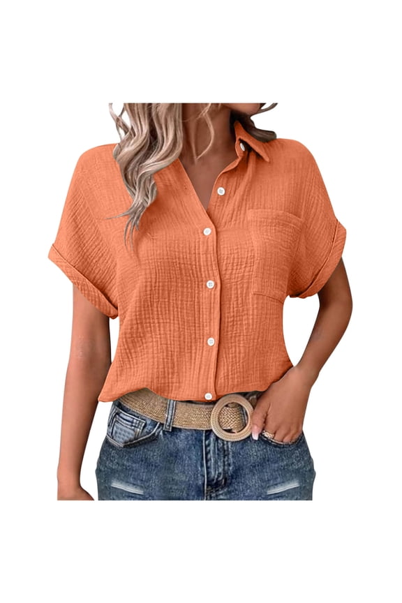 Summer Women's Fashion Tops Casual Loose Short Sleeve Button Down Shirts Turndown Collar Tunics Solid Color Tops with Pockets Orange M