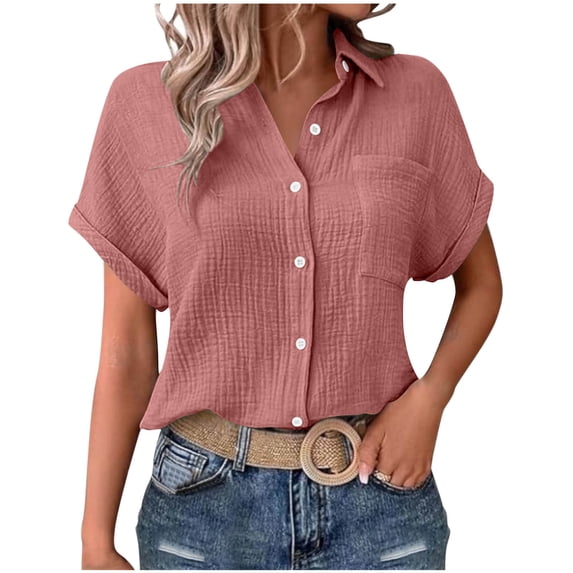 Ecqkame Summer Women's Fashion Tops Casual Loose Short Sleeve Button Down Shirts Turndown Collar Tunics Solid Color Tops with Pockets Pink M