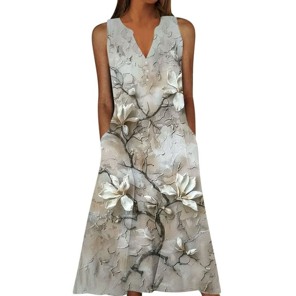 Ecqkame Summer Women's Floral Print Dress Sexy V Neck Sleeveless Party Long Dresses Casual Elegant Beach Dress with Pockets Gray XXL