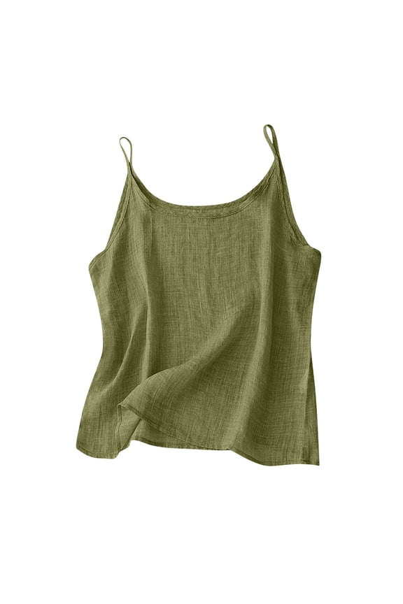 Summer Women's New Camisole Tops Cotton Linen Spaghetti Strap Slip Tops Casual Loose Crewneck Solid Color Holiday Tank 01-Army Green S