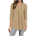 thumbnail image 1 of Ecqkame Summer Women's Solid Color Tops Fashion V Neck 3/4 Sleeve Work T Shirt Blouse Casual Loose Pleated Basic Outdoor Tops 01-Khaki M, 1 of 5