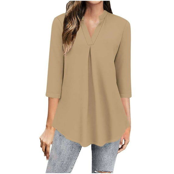 Ecqkame Summer Women's Solid Color Tops Fashion V Neck 3/4 Sleeve Work T Shirt Blouse Casual Loose Pleated Basic Outdoor Tops 01-Khaki M