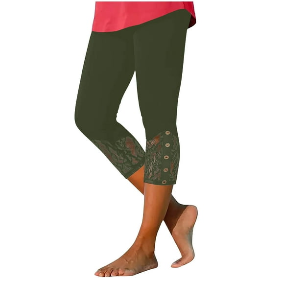 Ecqkame Summer Women's Yoga Capris Pants Elastic High Waisted Leggings Thin Sports Pants Solid Color Lace Patchwork Tummy Control Running Pants with Pockets 05-Army Green L