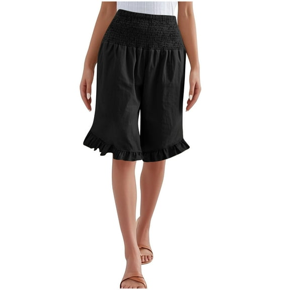 Ecqkame Summer Womens Cotton Linen Five Quarter Pants Casual High Waisted Ruffle Hem Shorts Loose Straight Drawstring Beach Shorts with Pockets 01-Black S