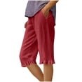 thumbnail image 1 of Ecqkame Summer Womens Cotton Linen Five Quarter Pants Casual High Waisted Ruffle Hem Shorts Loose Straight Drawstring Beach Shorts with Pockets 02-Red XL, 1 of 6