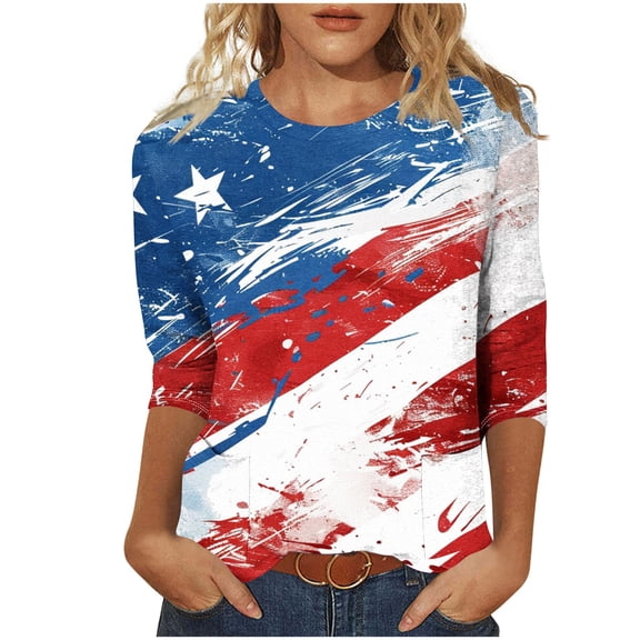 Ecqkame Summer Womens Fashion Casual Tops Cute Floral Print 3/4 Sleeve Round Neck Vacation T-Shirts Trendy Lightweight Comfy Tops with Pockets 02-Red M