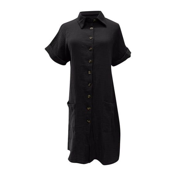 Ecqkame Summer Womens Shirt Dress Casual Short Sleeve Turndown Collar Dress Solid Color Button Down Beach Dresses with Pockets Black S