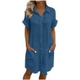 thumbnail image 1 of Ecqkame Summer Womens Shirt Dress Casual Short Sleeve Turndown Collar Dress Solid Color Button Down Beach Dresses with Pockets Blue S, 1 of 6