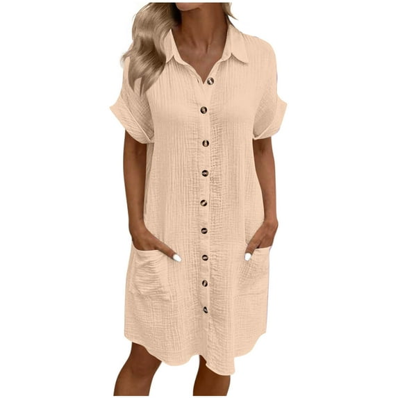 Ecqkame Summer Womens Shirt Dress Casual Short Sleeve Turndown Collar Dress Solid Color Button Down Beach Dresses with Pockets Khaki XL