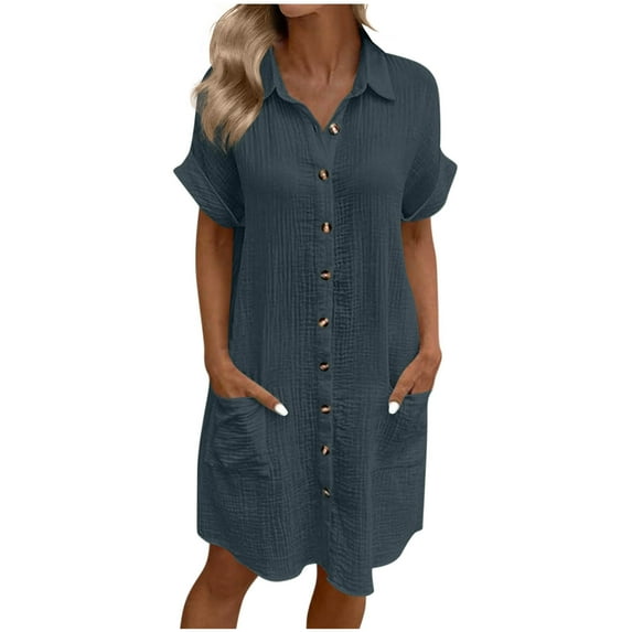 Ecqkame Summer Womens Shirt Dress Casual Short Sleeve Turndown Collar Dress Solid Color Button Down Beach Dresses with Pockets Navy L