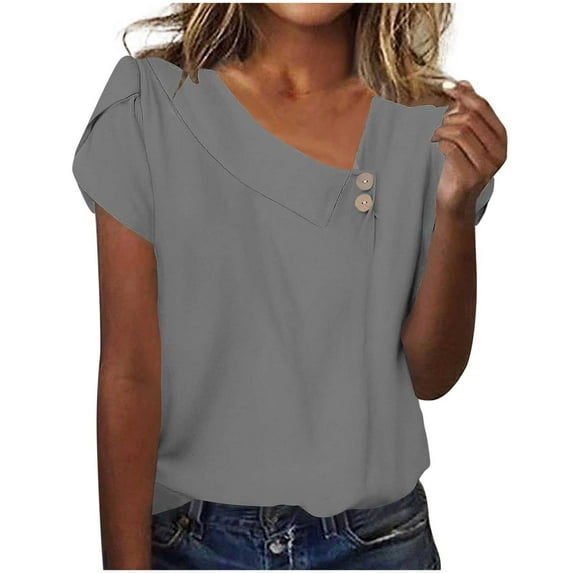 Ecqkame Summer Womens Tops Trendy Hollow Out V Neck Button Short Sleeve Tshirts Business Casual Basic Tee Tops Gray L