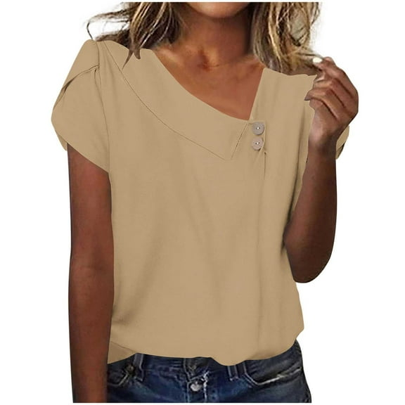 Ecqkame Summer Womens Tops Trendy Hollow Out V Neck Button Short Sleeve Tshirts Business Casual Basic Tee Tops Khaki XL