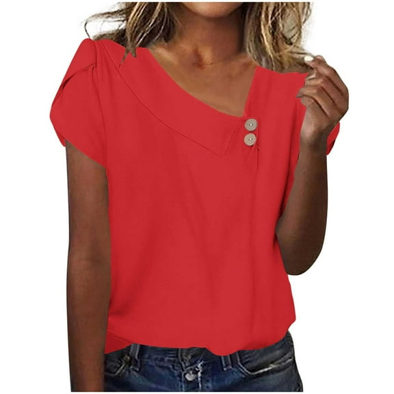 Ecqkame Summer Womens Tops Trendy Hollow Out V Neck Button Short Sleeve Tshirts Business Casual Basic Tee Tops Red XXL