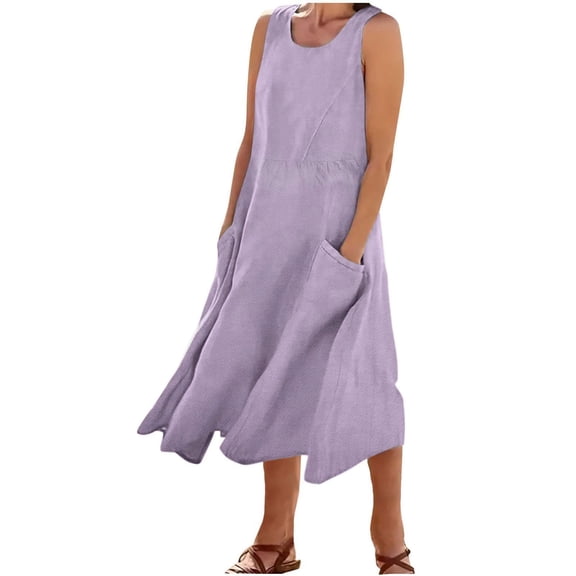 Ecqkame Sundresses for Women 2024 Loose Casual Solid Color Sleeveless Round Neck Flowy Plus Size Dresses for Curvy Women Purple L