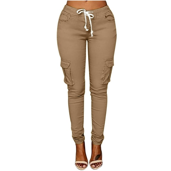 Ecqkame Sweatpants Women Fashion Women Plus Size Drawstring Casual Solid Elastic Waist Pocket Loose Pants Khaki L