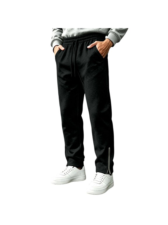 Sweatpants for Men Bottom Side Zip Split Straight Leg Outdoor Jogger Pant Casual Sports Versatile Daily Solid Trousers Black XS