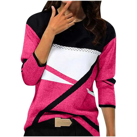 Ecqkame Sweatshirt for Women Irregular Geometry Printed Casual Sweatshirt Pullover Raglan Long Sleeve Crewneck Sweatshirt Hot Pink S