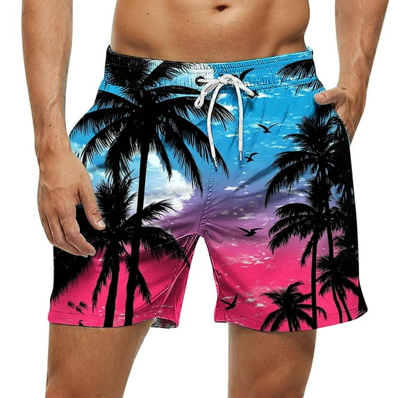 Ecqkame Swim Shorts Men Fashion Versatile Floral Print Shorts Elastic Waist Drawstring Leisure Beach Shorts with Pockets Blue M