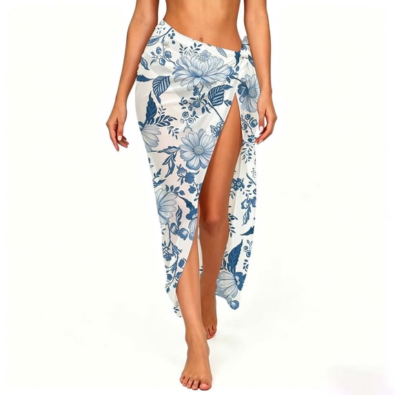 Ecqkame Swimsuit Coverup for Women Floral Print Sheer Beach Wrap Sarong Hand Block Lightweight Swim Cover-Up Skirt Light Blue Free Size