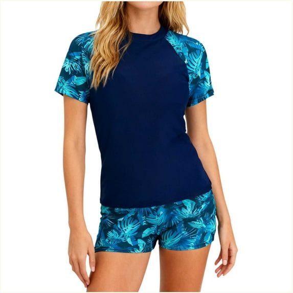 Ecqkame Swimsuits for Women Two-Piece Rash Guard Tummy Control Tankini Bathing Suit with Built-In Bra and Sport Pockets Swim Shorts Blue M