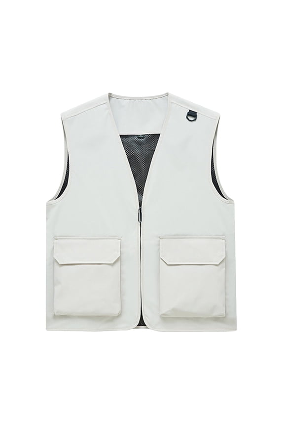 Tank Tops for Men Multi-Pocket Utility Zip-Up Sleeveless Vests Outdoor Workwear Fishing V-Neck Vest White S