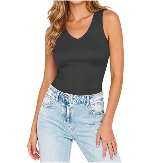 Ecqkame Tank Tops for Women Casual Solid Color Sleeveless V Neck Shirts Lightweight Breathable Daily Basic Cami Blouse Gray S