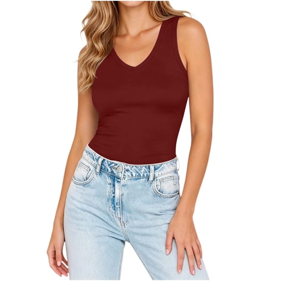 Ecqkame Tank Tops for Women Casual Solid Color Sleeveless V Neck Shirts Lightweight Breathable Daily Basic Cami Blouse Wine XXL